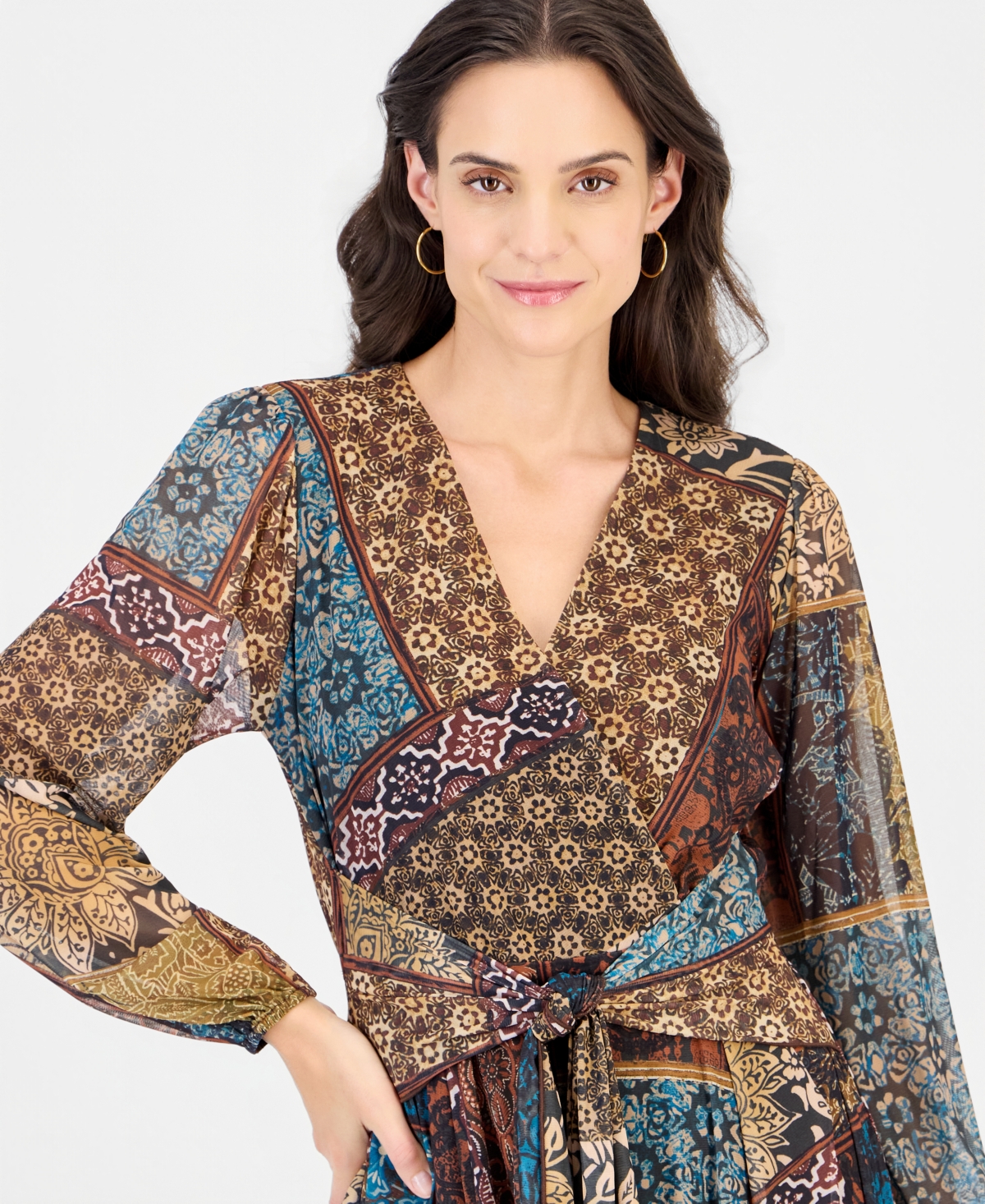 Robbie Bee Women's Print Surplus V-Neck Long-Sleeve Wrap Midi Dress