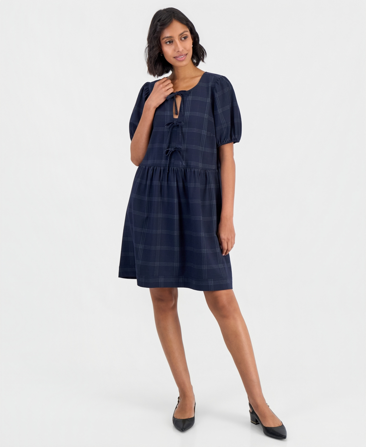 Robbie Bee Women's Bow Front Plaid Puff-sleeve Mini Dress In Navy