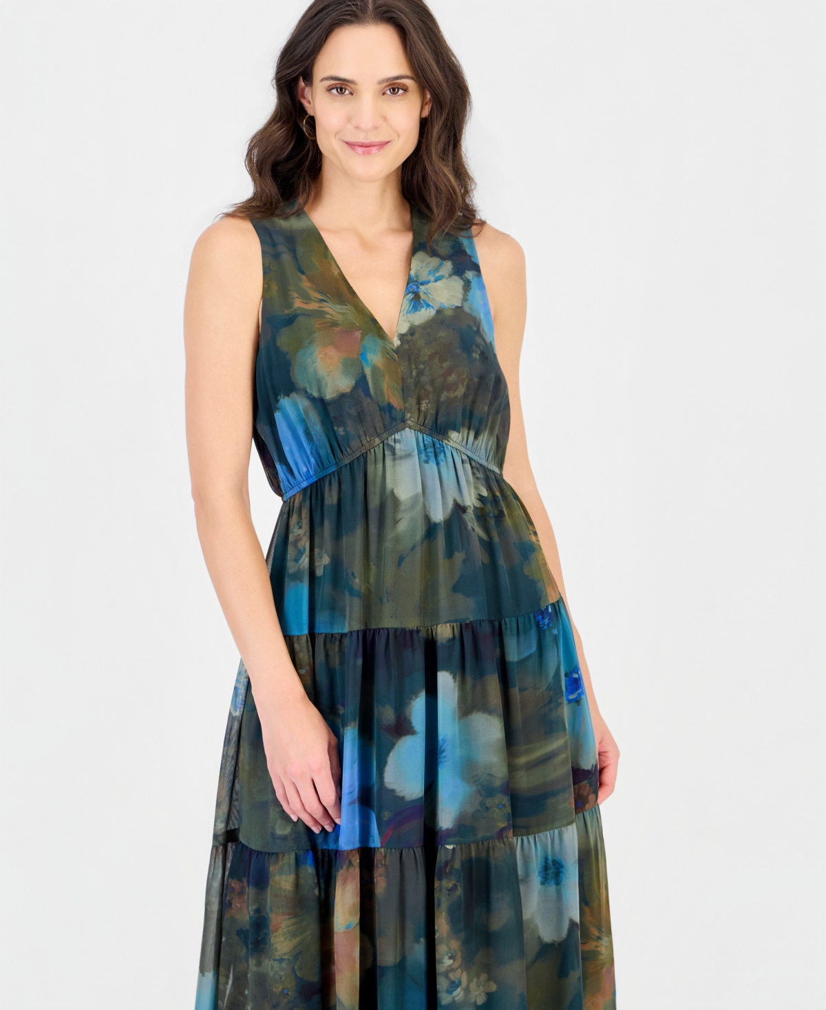 Robbie Bee Women's Sl Tiered Maxi Sleeveless V-Neck Floral-Print Dress