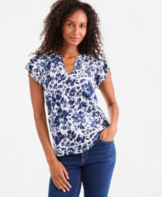 Women's Printed V-Neck Flutter-Sleeve Knit