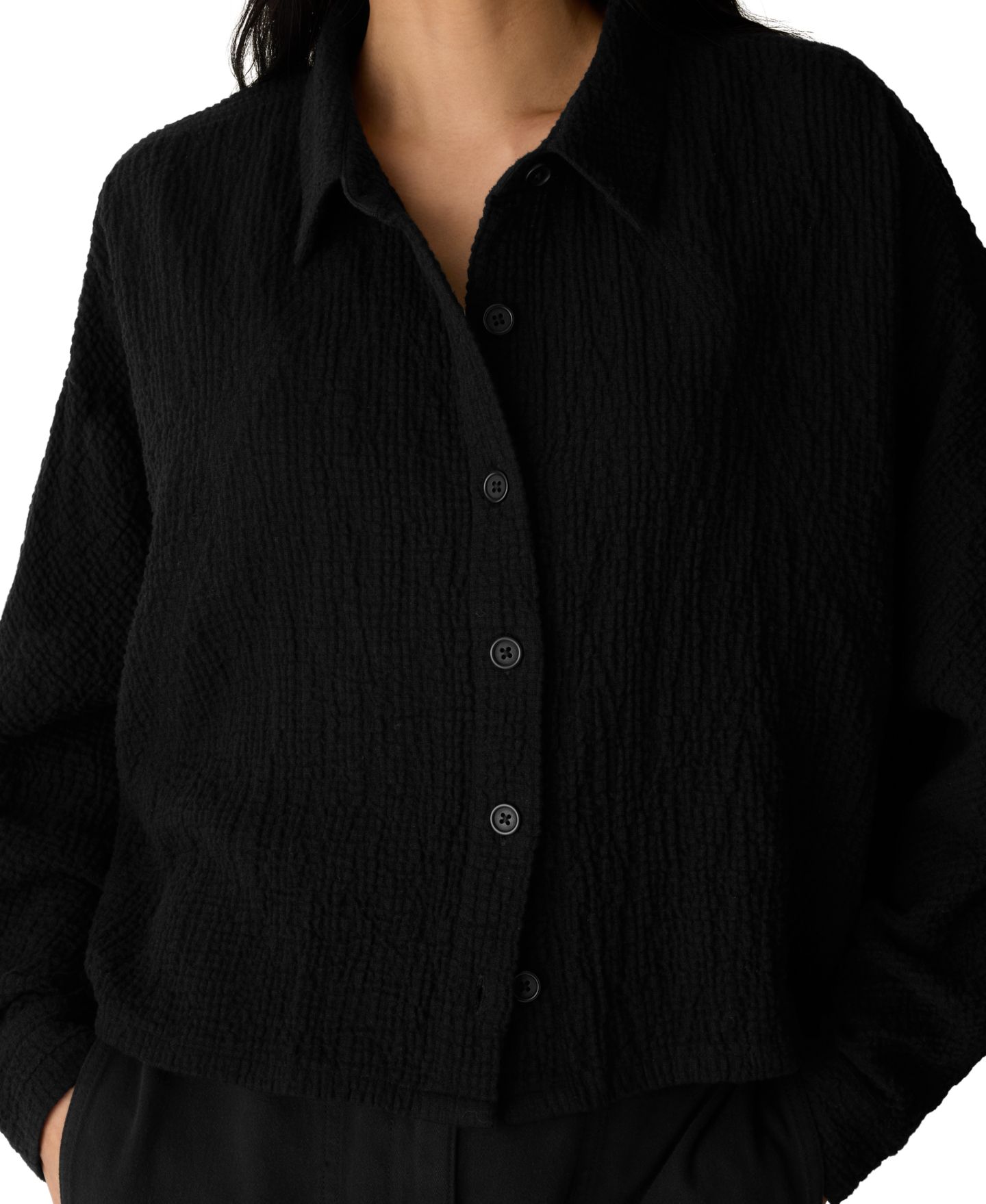 Женская куртка Eileen Fisher Doubleweave Collared Neck Cotton-Blend, цвет: Чёрный — фото 3