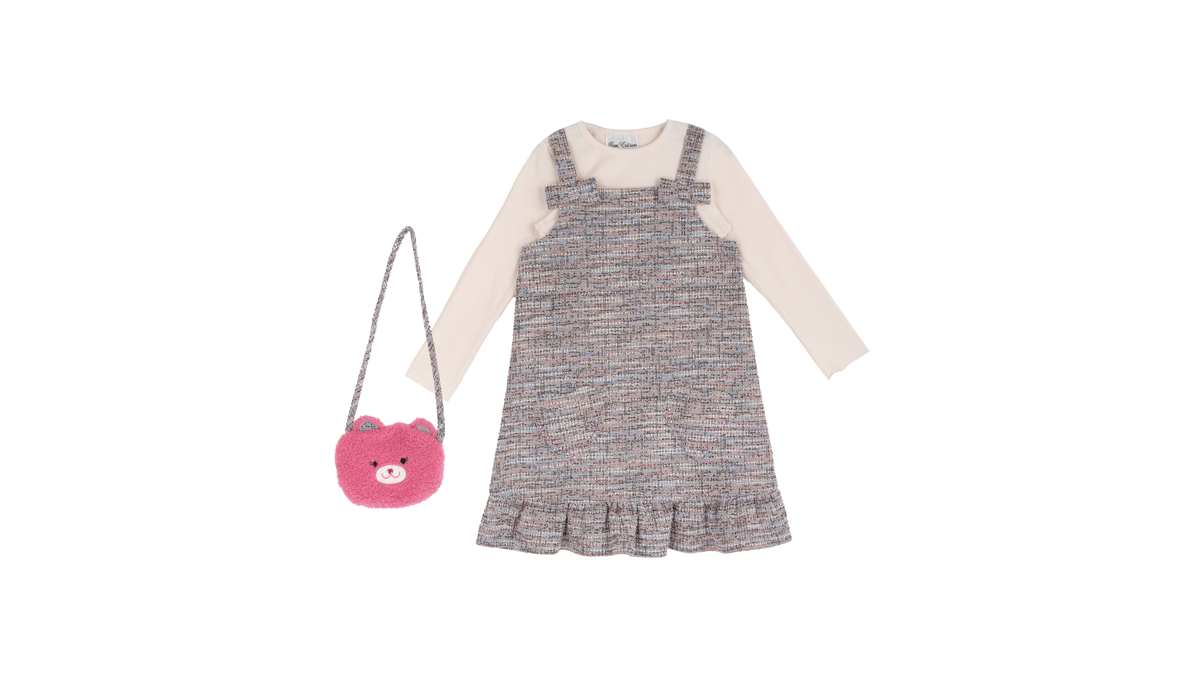 Rare Editions Girls' 2T-6X Rib-knit Long-Sleeve Top, Jumper and Fuzzy Bear Bag, 3-Piece Set
