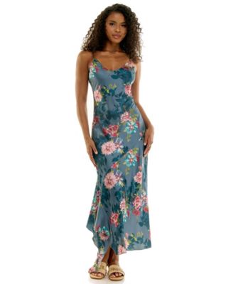 Women's Floral-Print Satin Asymmetric Ruffle Hem Midi Slip Dress