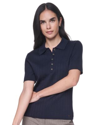Women's Short-Sleeve Polo Ribbed Sweater
