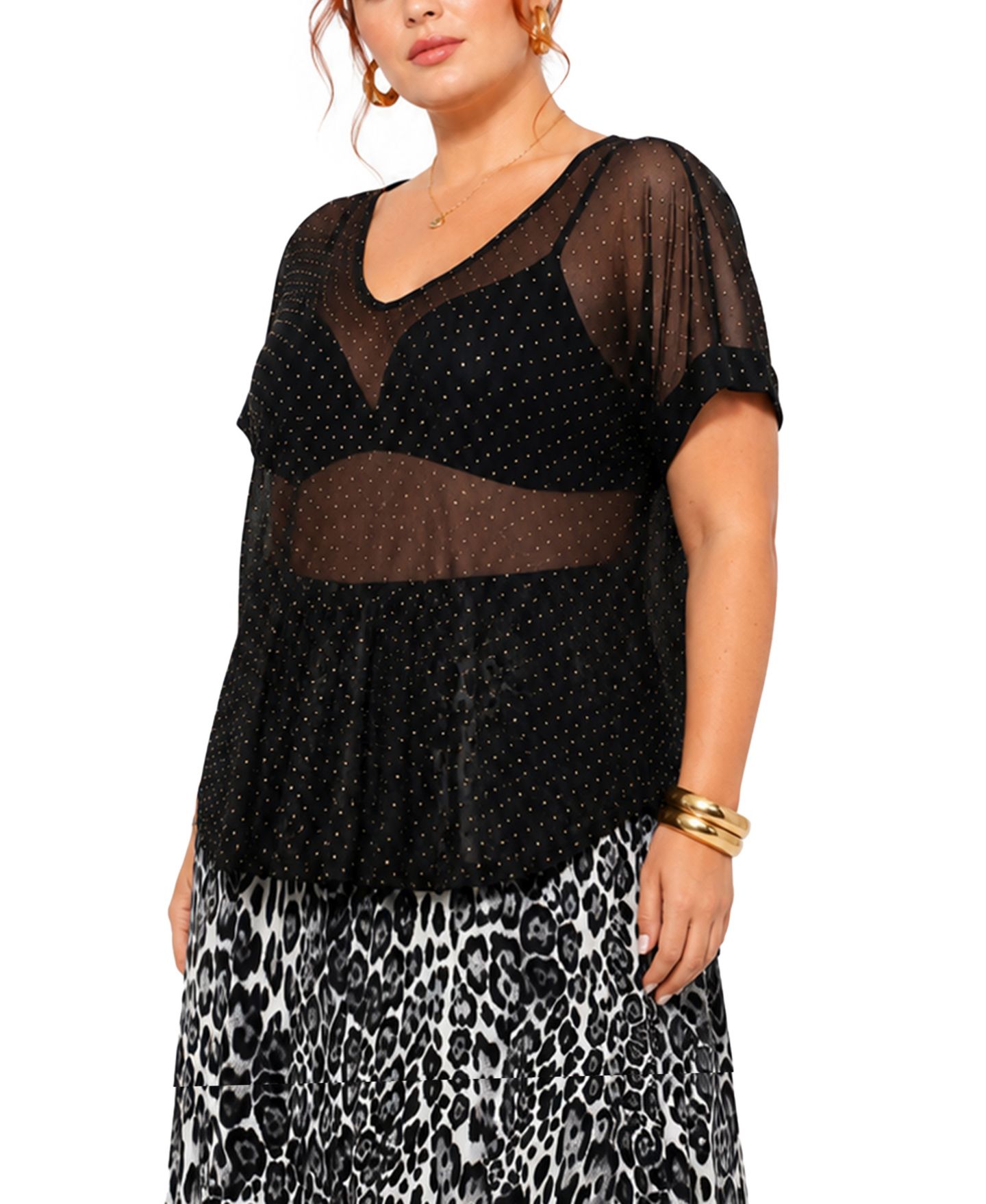 Женский топ COIN 1804 Plus Size Short-Sleeve Foil Drop V-Neck, цвет: Чёрный золотой — фото 3
