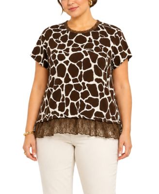 Plus Size Giraffe Print Lace Pleat Back Top