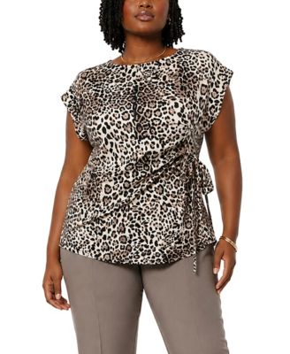 Plus Size Leopard Print Pleat and Side-Tie Top