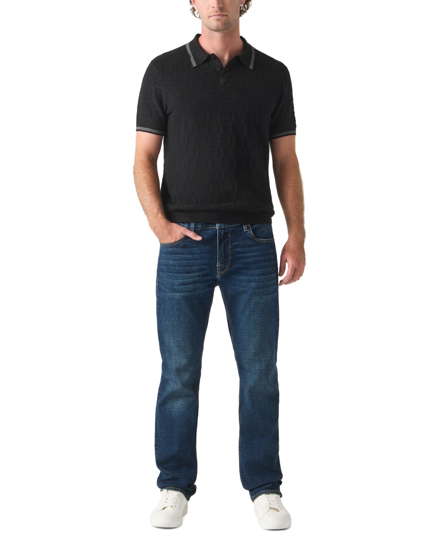 Мужской свитер GUESS Smith Spread Collar Polo Sweater, цвет: Угольно-чёрный — фото 2