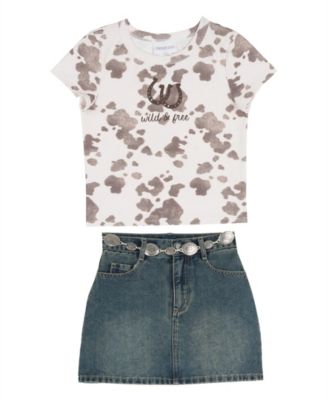 Girls' 7-12 Cow Printed Graphic T-Shirt and Denim Skirt, 2-Piece Set