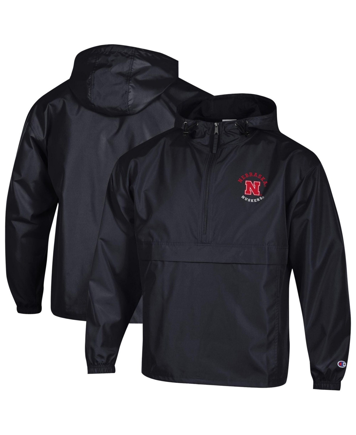 Champion Men's Black Nebraska Huskers Packable Hooded Windbreaker Half-Zip Jacket