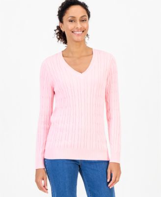 Women's Cotton Cable-Knit V-Neck Sweater