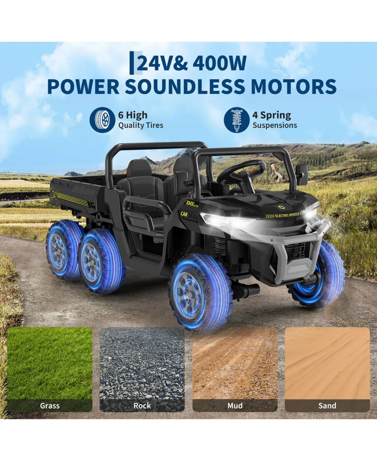 Детские игрушки homfan 24V 2 Seater 4WD 6 Wheel Electric Ride On Dump Truck – UTV Car with Remote Control, Electric Dump Bed, LED Lights, MP3, Safety Belt, цвет: Чёрный — фото 6