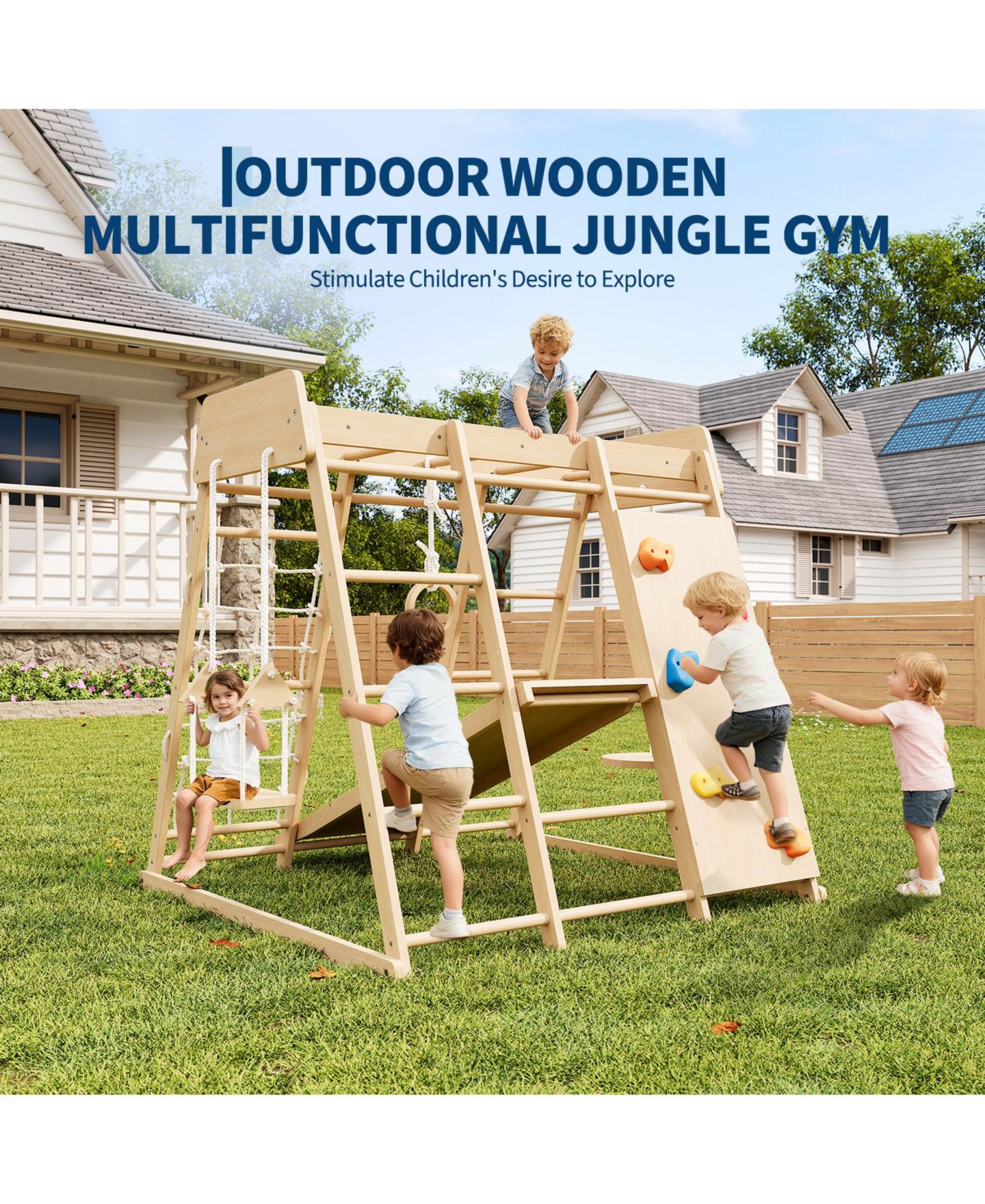 Детские фигурки homfan 6 in 1 Wooden Indoor Jungle Gym, Wood Climbing Playset with Slide and Monkey Bars for Kids Ages 1 to 8, цвет: Жёлтый — фото 9