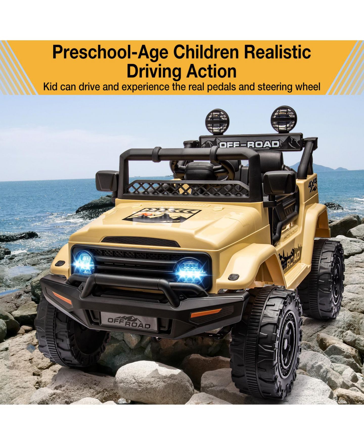 Детская игрушка homfan Ride-On Truck Car, 4-Wheel Electric Vehicle, Remote Control, LED Lights, Music and Horn, Suspension, Dual Speeds, цвет: Бежевый / Хаки — фото 4