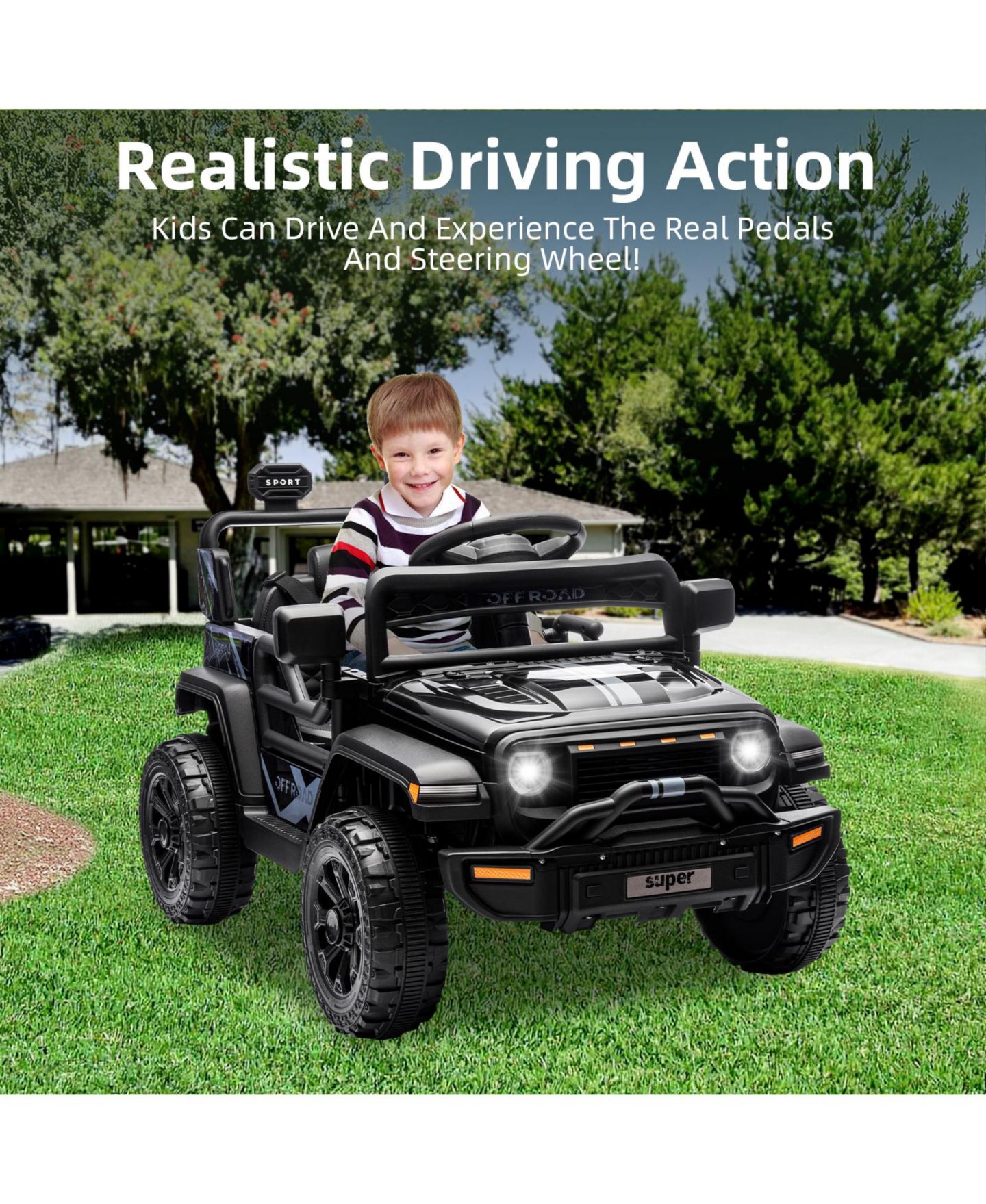 Детская игрушка homfan 12V Ride On Truck, Dual 25W Motors, Remote Control, Spring Suspension, LED Headlights, Music, Battery Powered Car Toy, цвет: Чёрный — фото 3