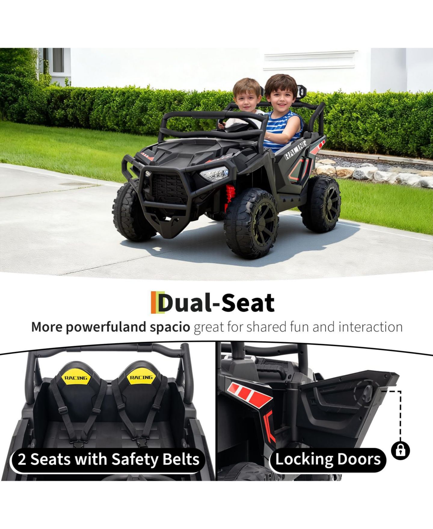 Детская игрушка homfan 2-Seater Electric UTV Ride-On Truck, Remote Control, 4-Wheel Suspension, Gradual Power-Up, 3 Speeds, LED Lights, Wireless, цвет: Чёрный — фото 5