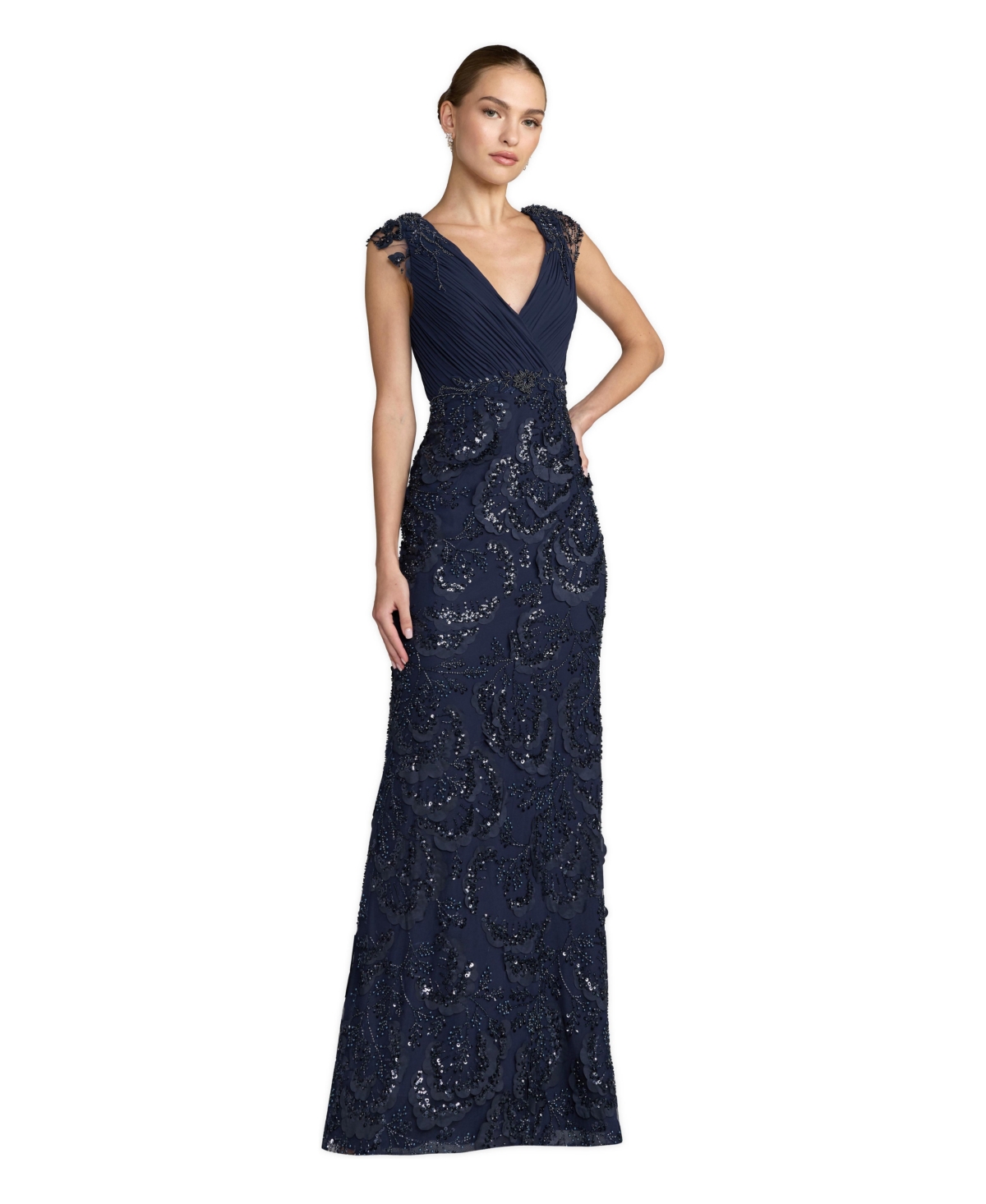 Mac Duggal Petite Floral Beaded Chiffon V-Neck Evening Gown - Midnight