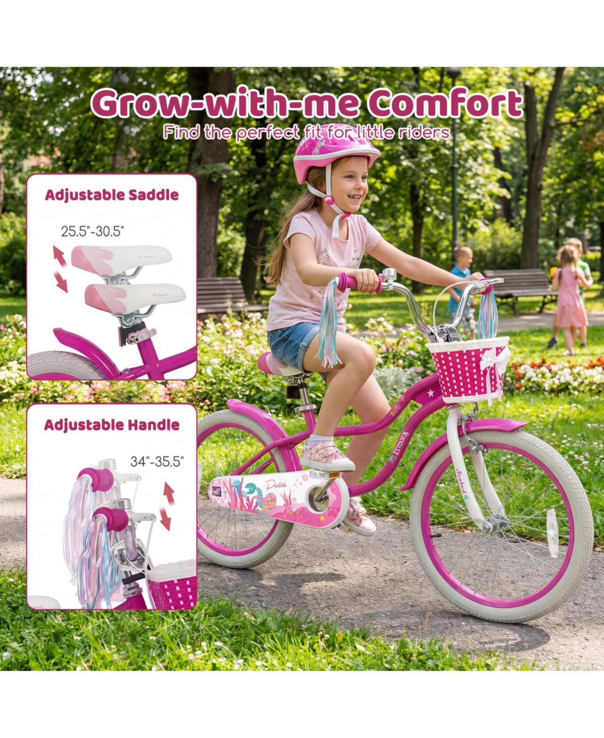 Slickblue Kids Bike with Basket and Streamers, Adjustable Riding Bicycle
