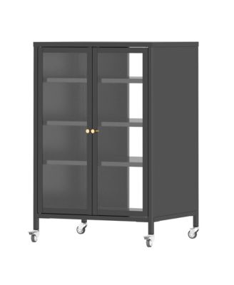 TV Stand with Adjustable Shelves Tempered Glass Doors Steel Frame Wheels