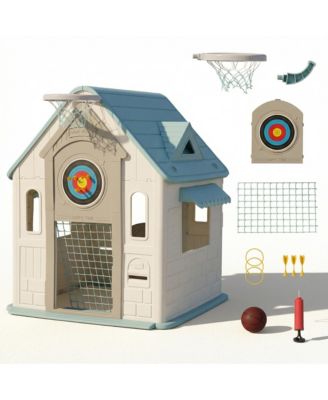 Kids Outdoor and Indoor Playhouse Cottage, Toddler Playground with Basketball Hoop for Ages plus