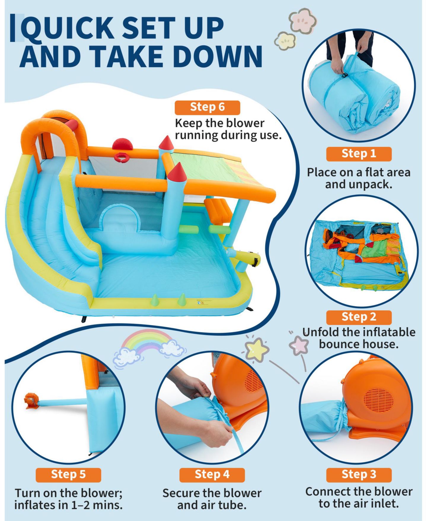 Детская игрушка homfan 12-in-1 Inflatable Bounce House With Slide and Water Play, For 2-8 Kids, от 3 лет, цвет: Синий — фото 6