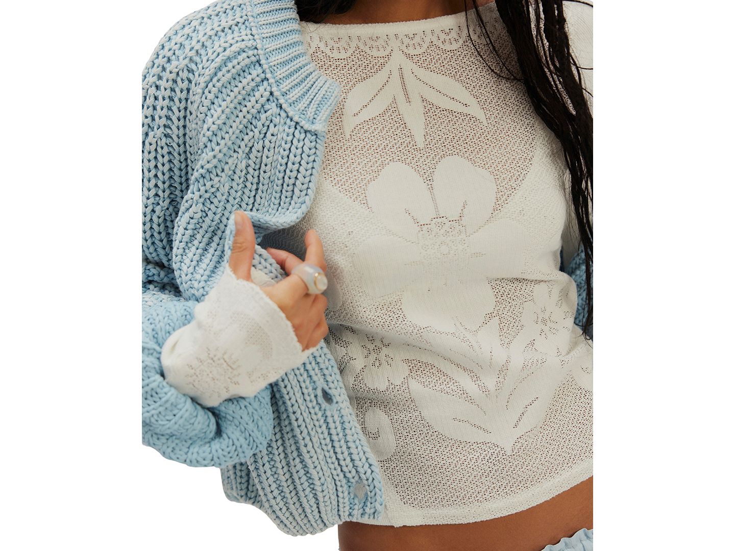 Женская футболка Free People Delilah Floral Semi-Sheer Bell Sleeves Cotton-Blend, цвет: Слоновая кость — фото 3