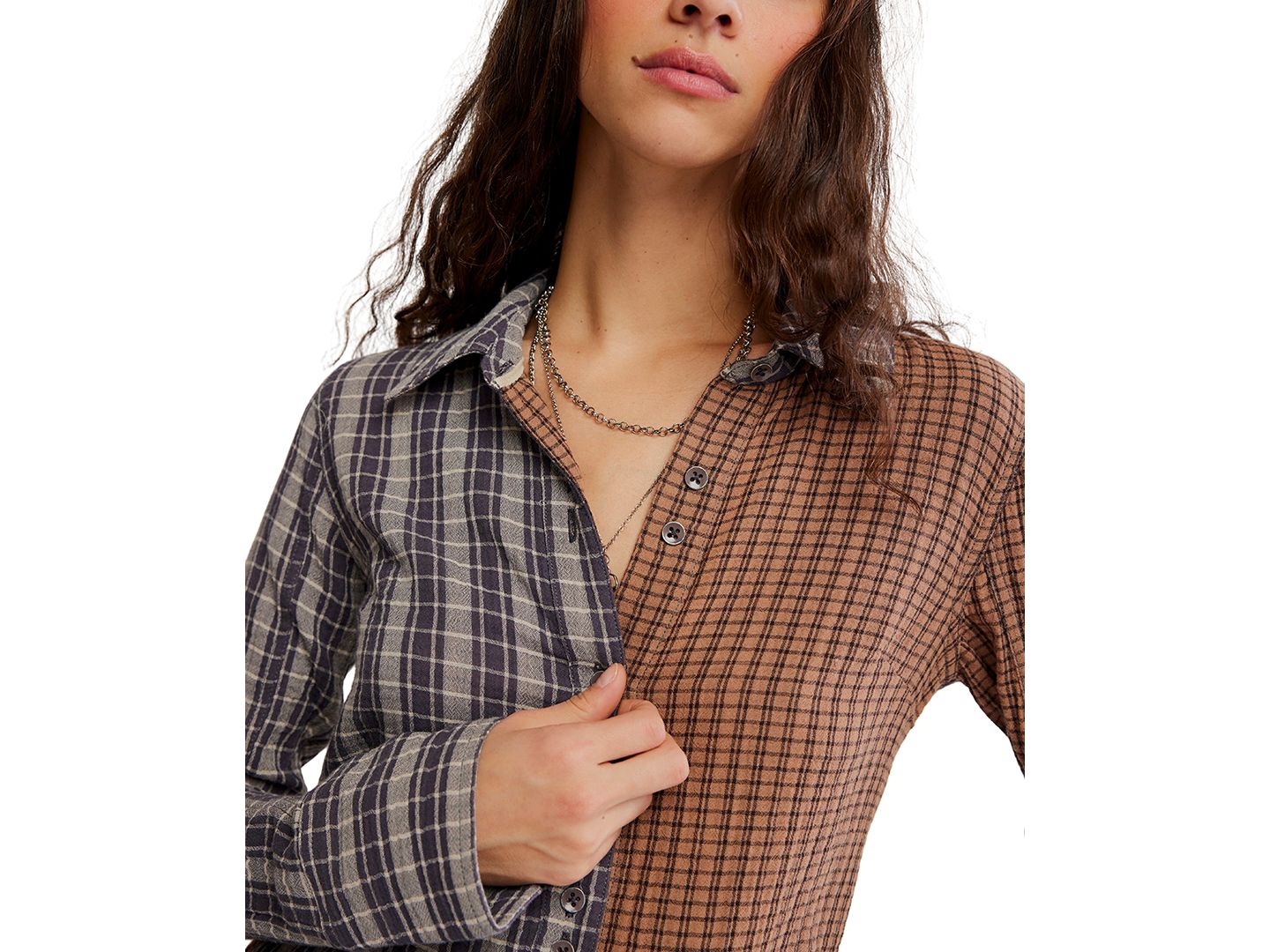 Женская блузка Free People Benny Slim Plaid Paint-Splatter Long-Sleeve Blouse, цвет: Коричневый комбинированный — фото 4