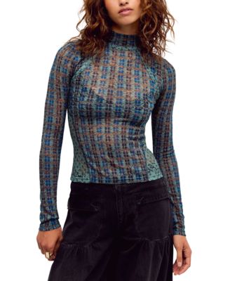 Women's Lyric Sheer Mesh Floral-Print Mock Neck Top