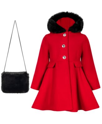 Toddler Girls' 2T-5T Long-Sleeve Hooded Fur Trim Coat with Handbag