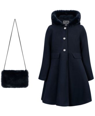 Girls' 7-16 Long-Sleeve Hooded Fur Trim Coat with Handbag