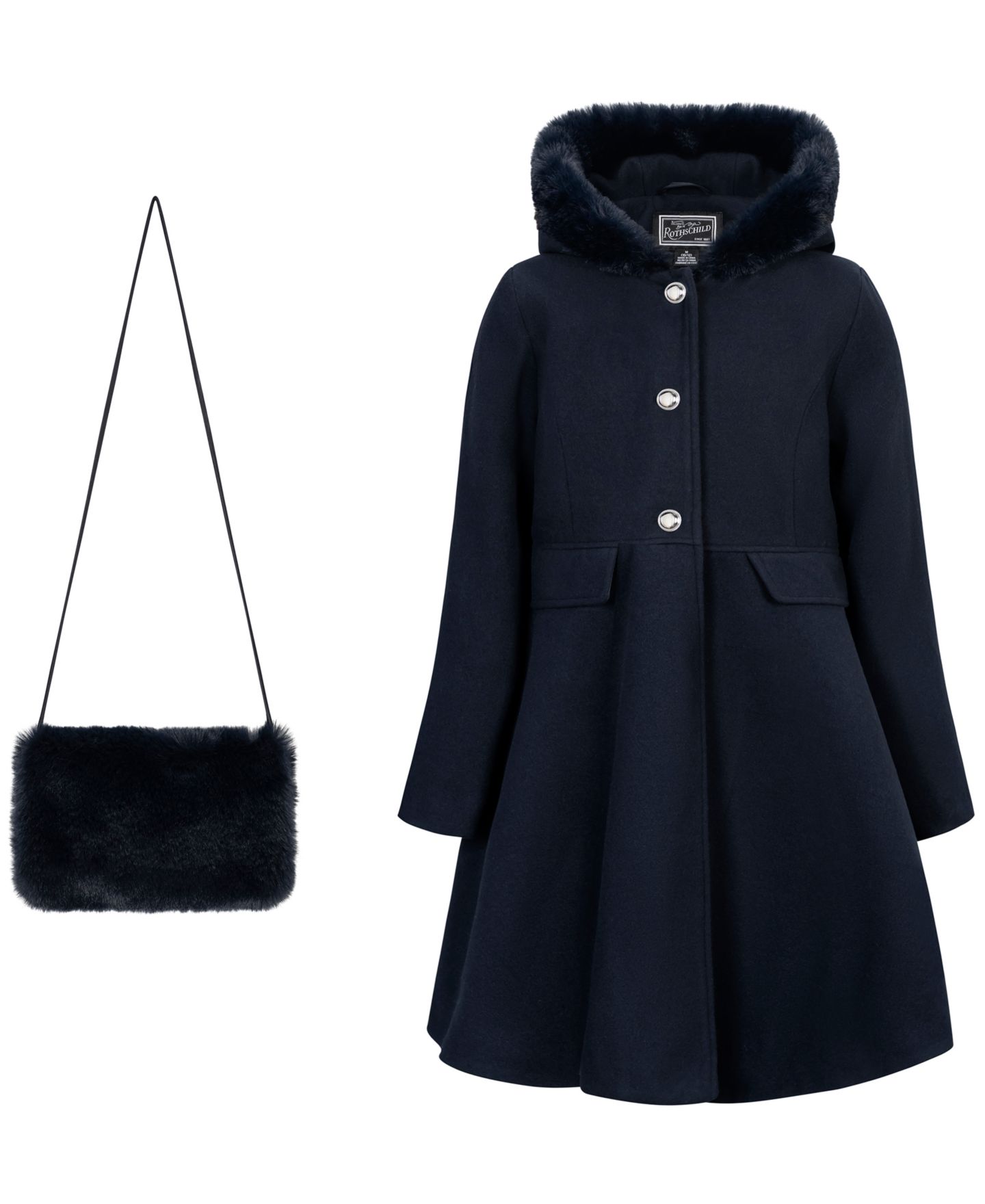 Пальто S Rothschild & CO Long-Sleeve Hooded Fur Trim Coat with Muff для девочек, цвет: Тёмный тёмно-синий — фото 6