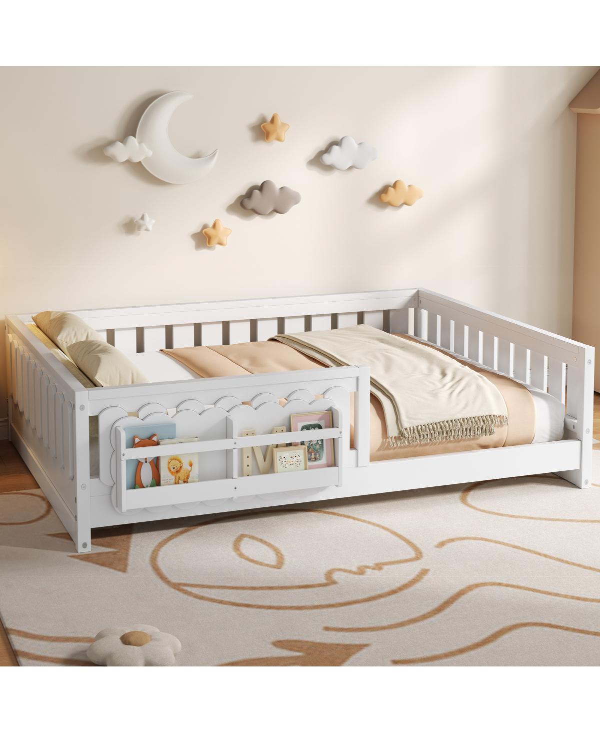 Streamdale Furniture Platform Bed with Guardrail and Storage Shelves - White