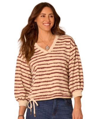 Petite Striped 3/4-Sleeve Blouson V-Neck Top