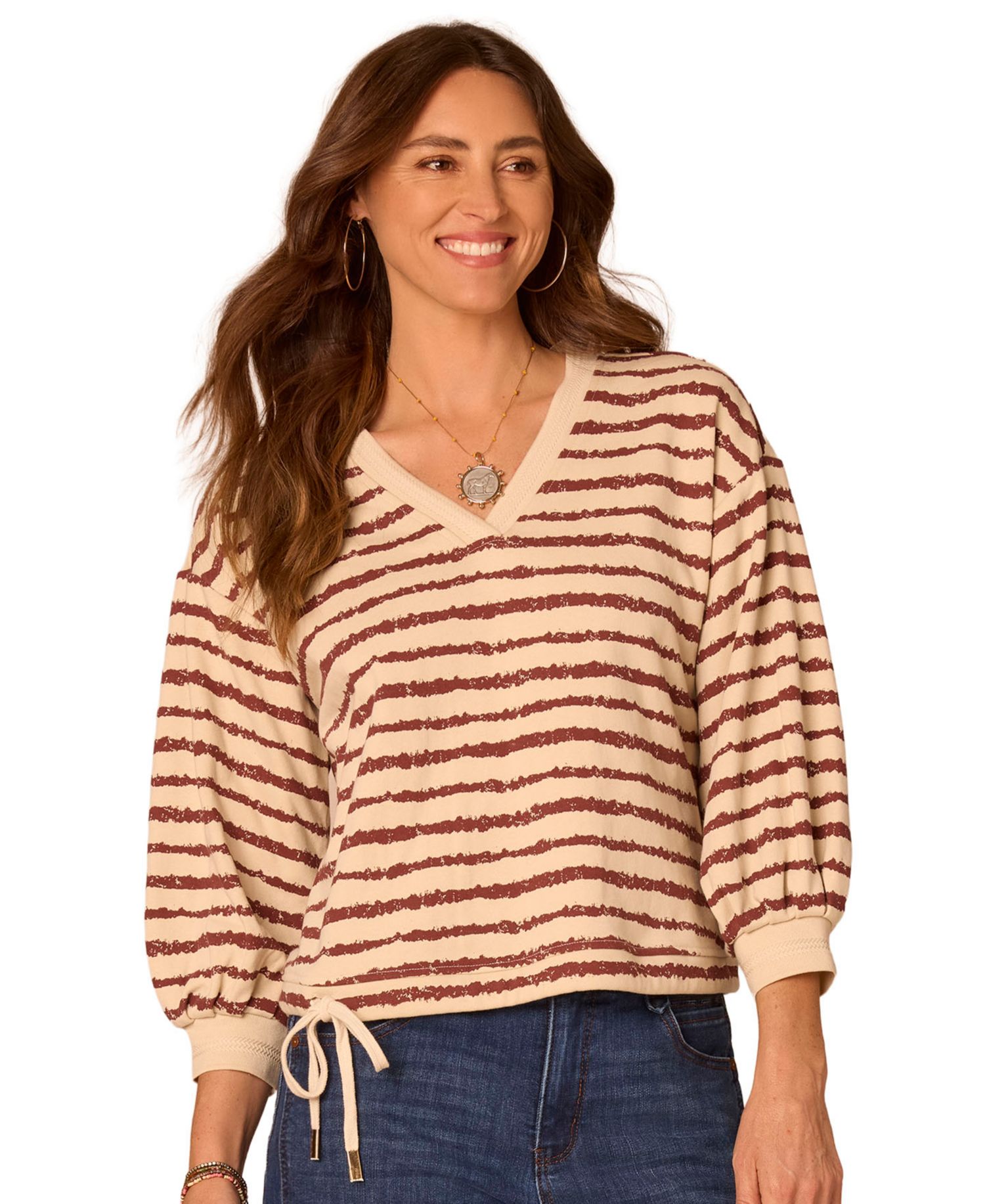 Petite Striped 3/4-Sleeve Blouson V-Neck Top