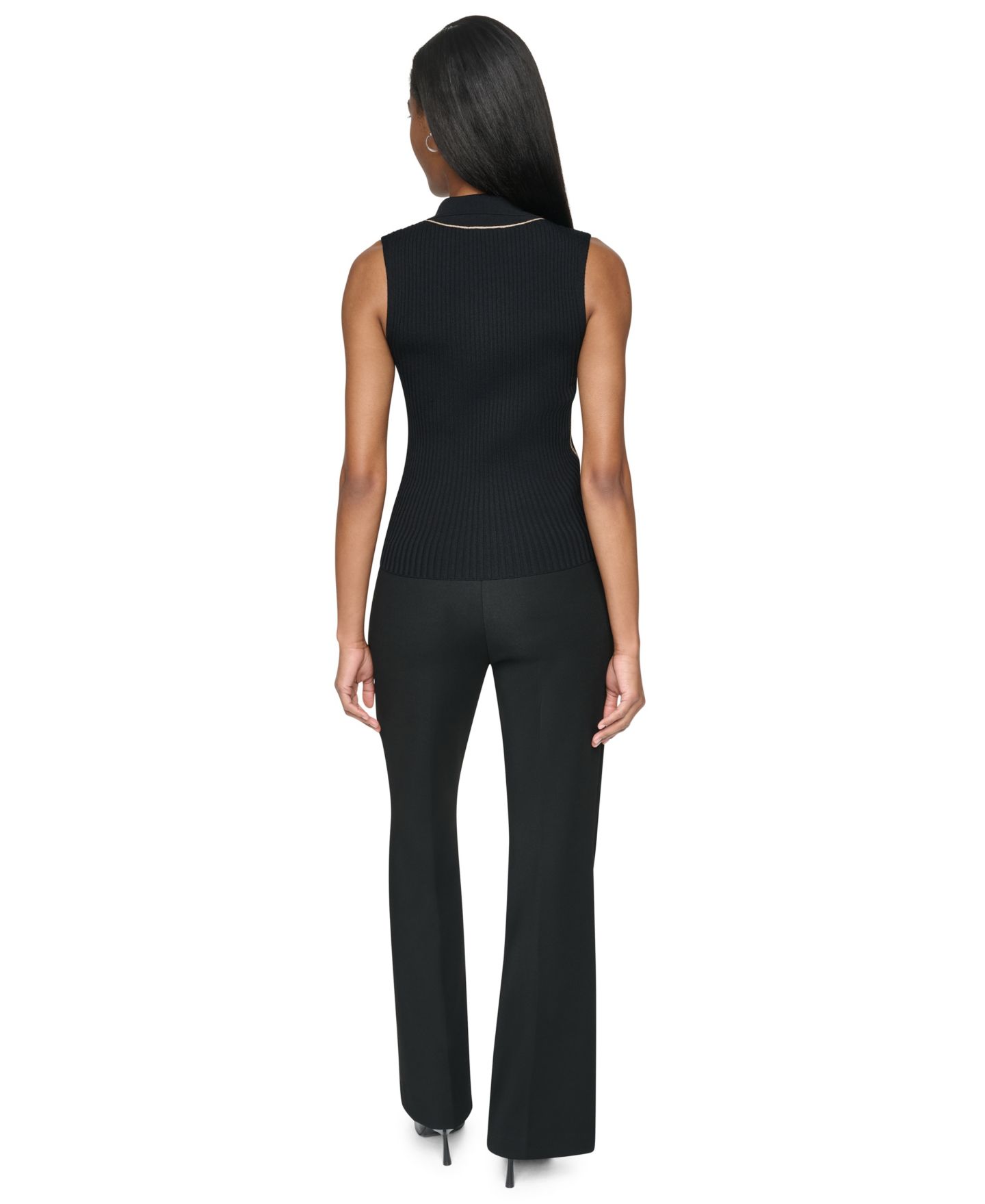 Женский свитер DKNY Collared V-Neck Ribbed Knit, цвет: Чёрный / Travertine — фото 5