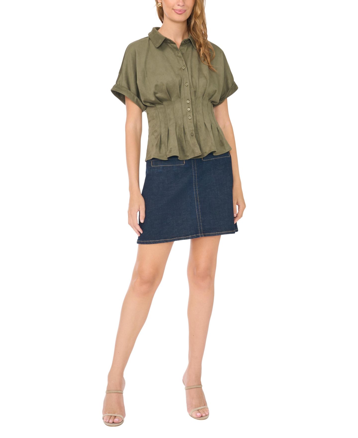 Женская блузка Vince Camuto Collared Short-Dolman-Sleeve Pleated-Waist Blouse, цвет: Изумрудный — фото 2