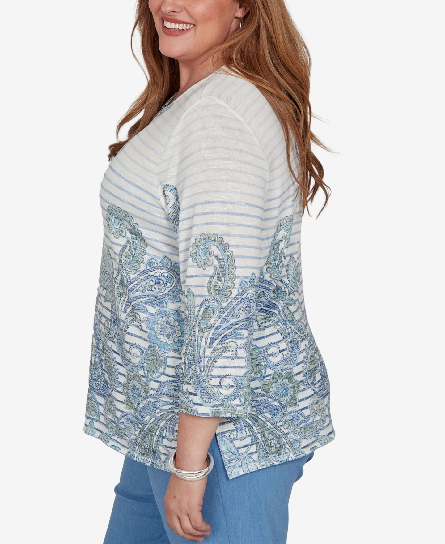 Женская блузка Alfred Dunner Plus Size Provence Paisley Stripe 3/4-Sleeve Split-Neck, цвет: Wedgewood — фото 3