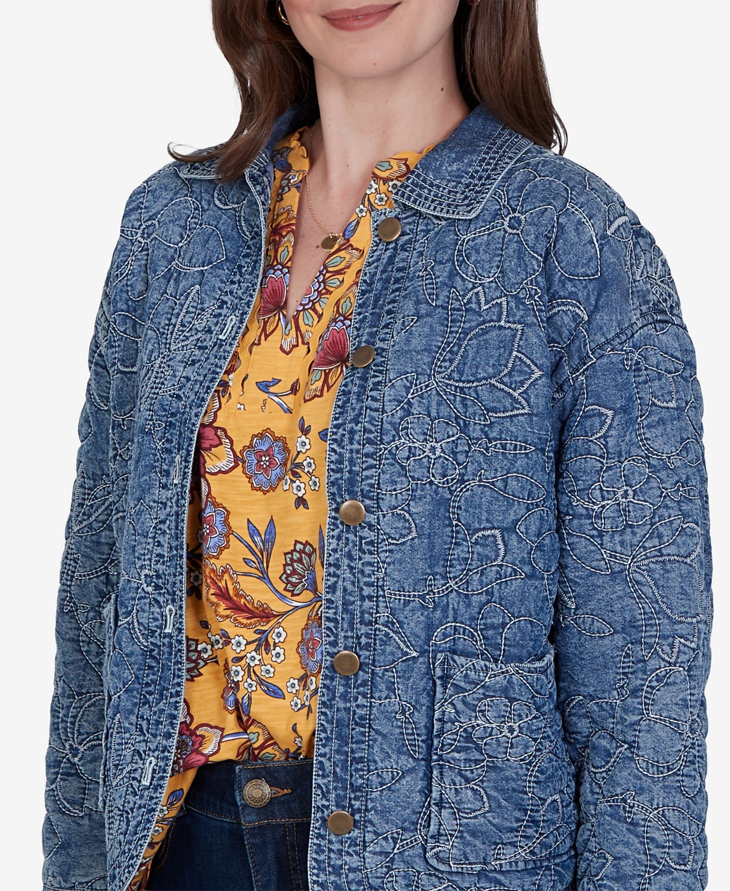 Женская куртка Ruby Rd. Petite Quilted Floral Denim, цвет: Светлый индиго — фото 4