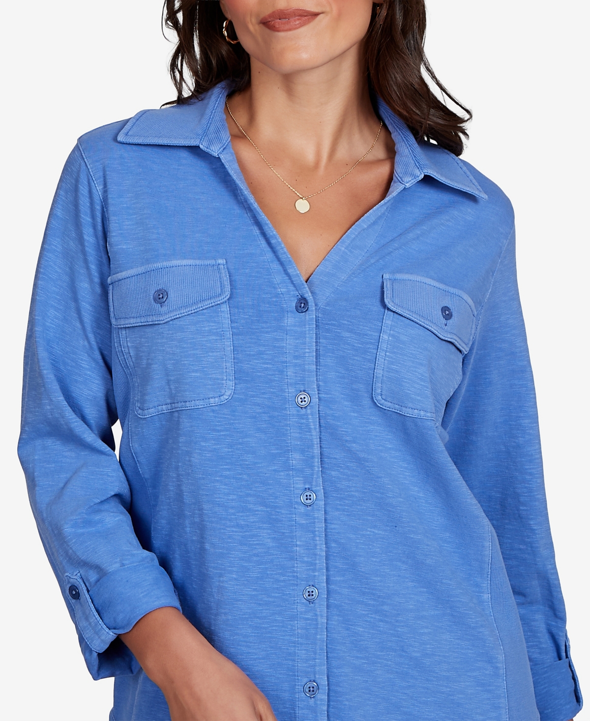 Ruby Rd. Petite Rib Trim Button-front Knit Top In Blue Bird