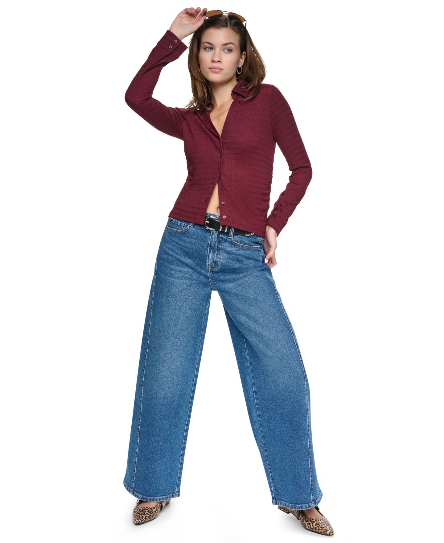 Женский фактурный трикотажный топ DKNY Jeans на пуговицах спереди, для невысоких, цвет: Бордово-красный — фото 7