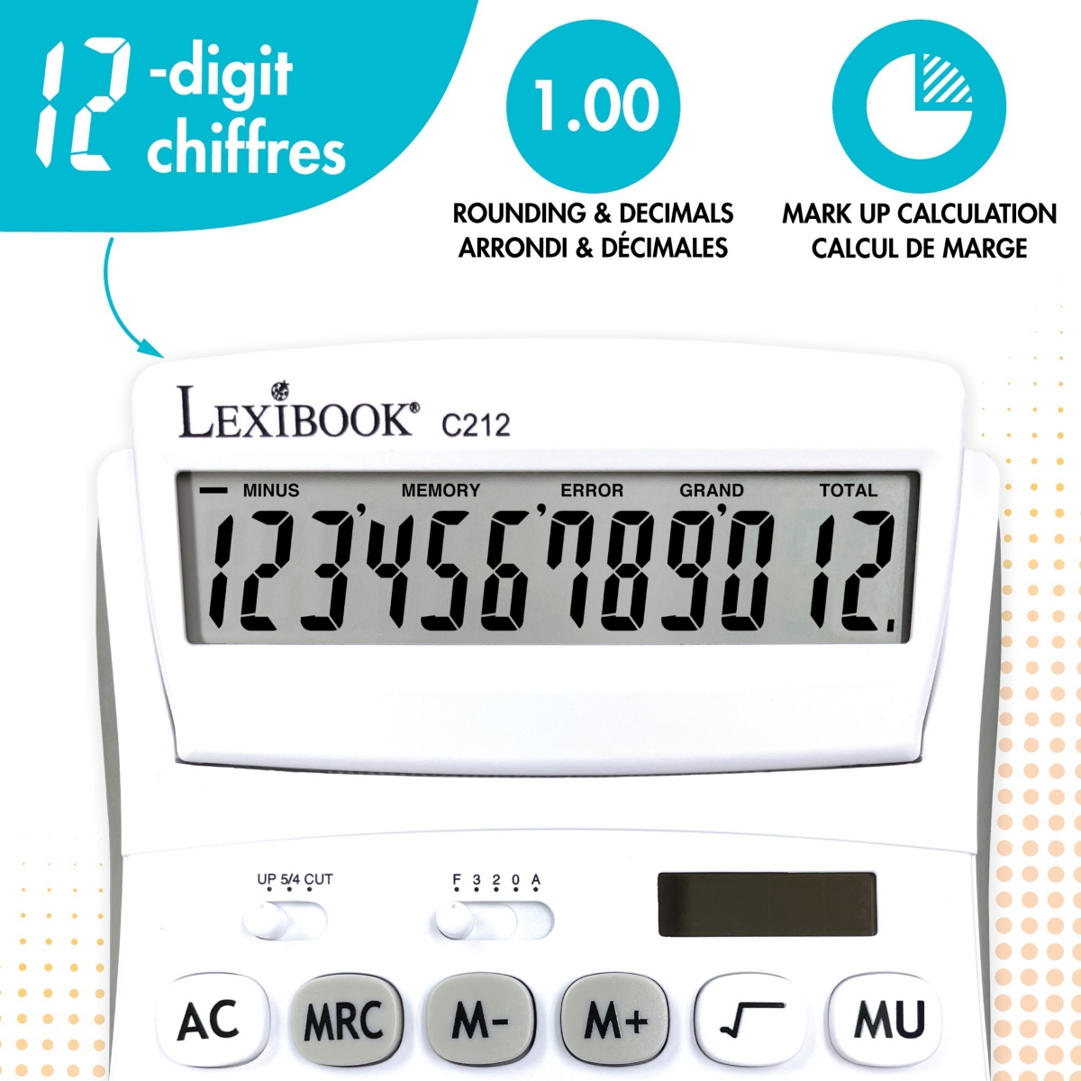 Lexibook , 12-Digit Desktop Calculator with Folding Display, Large Keys, Solar and Battery Powered, C212