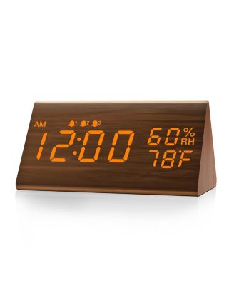 Wooden Digital Alarm Clock 3 Alarms with Weekday Mode Humidity and Temperature Sensor Adjustable Brightness USB to Barrel Cord No Batteries
