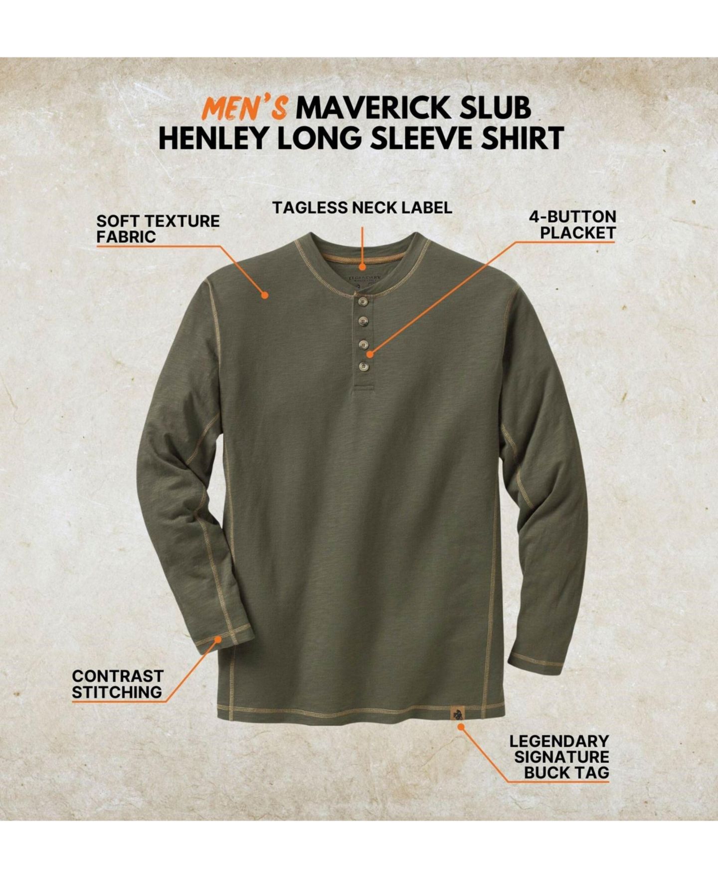 Мужская рубашка Legendary Whitetails Maverick Slub Henley Long Sleeve, цвет: Армейский зелёный — фото 7