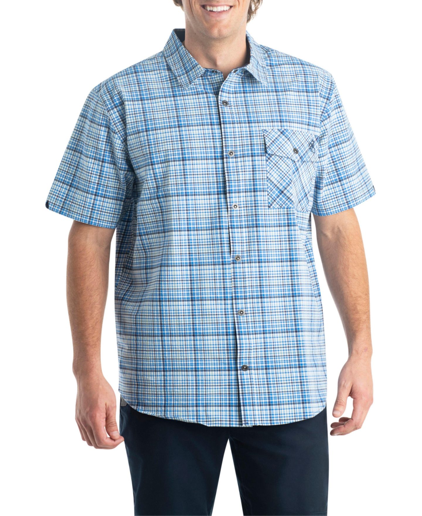 Мужская рубашка Legendary Whitetails Plaid Button Up Moisture Wicking UPF 30+ Short Sleeve, цвет: Синий клетчатый, вариант 1 — фото 1
