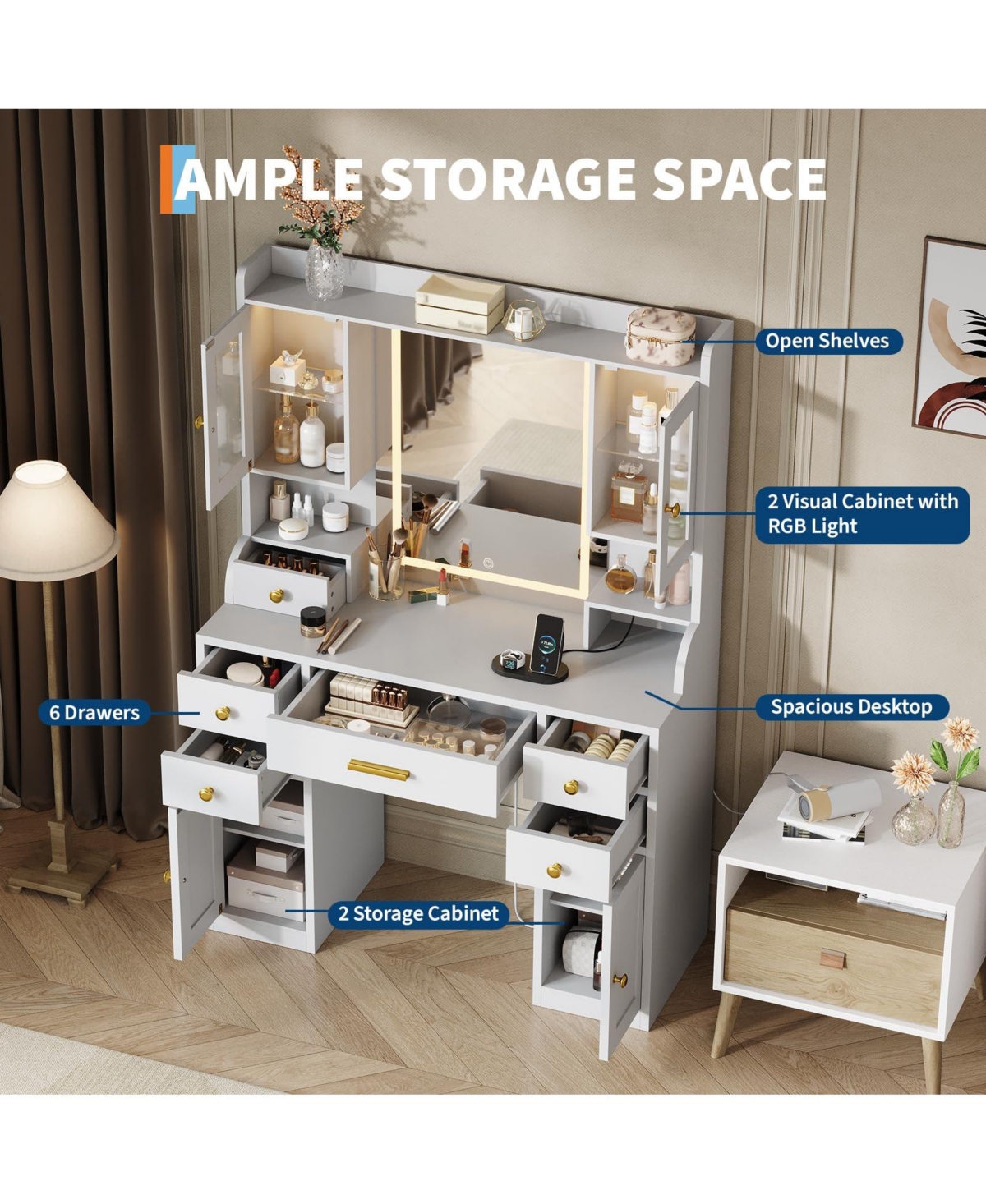 gaomon Vanity Desk with Charging Station and Led Mirror, Large White and Gold Makeup Dressing Table, 3 Light Modes, 6 Drawers, Cabinet and Shelves