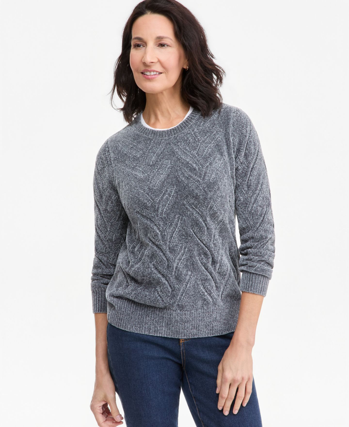 Женский свитер Style & Co Chenille Cable-Knit Crewneck, цвет: Armor — фото 1