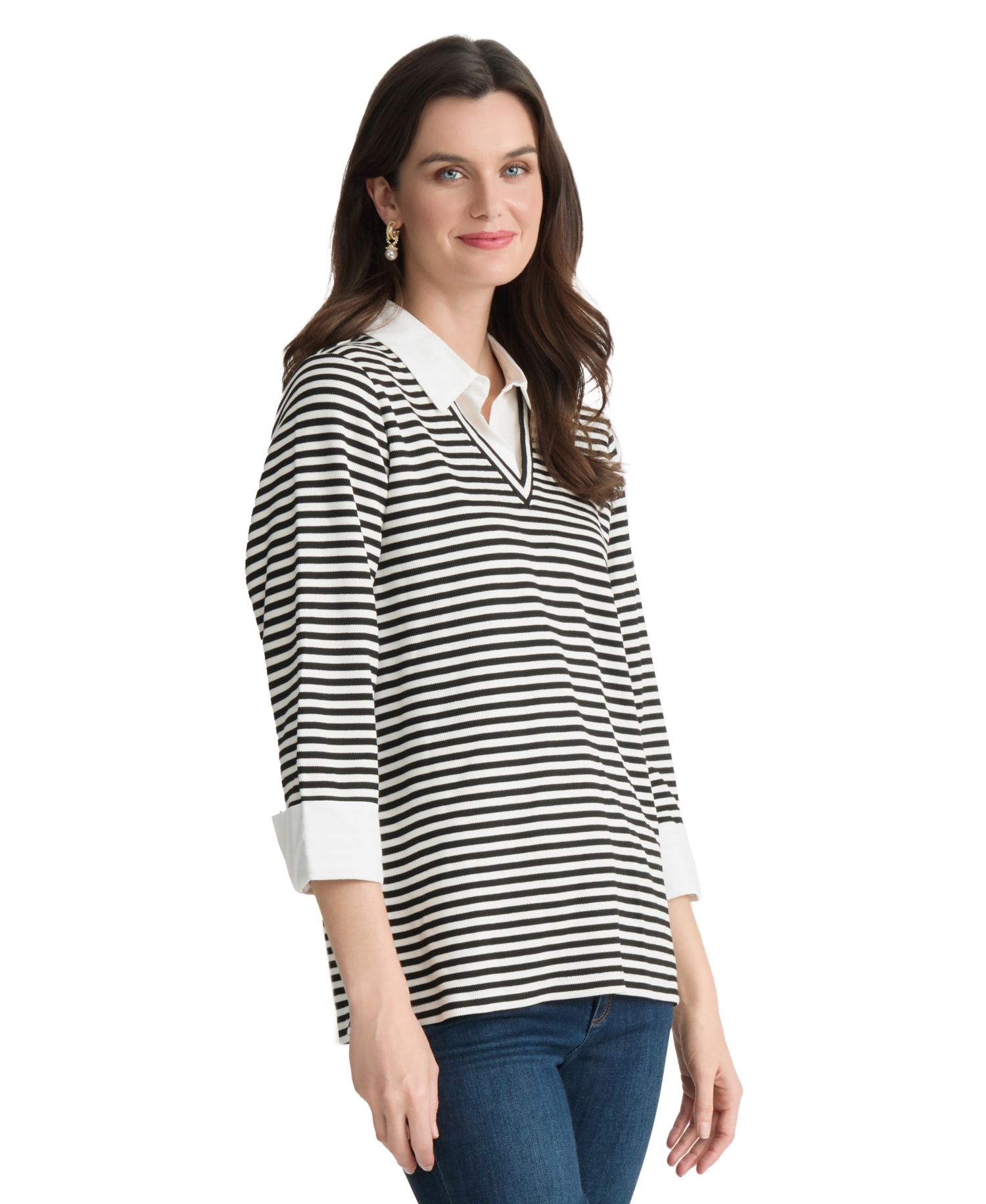 Women's Striped Collared 3/4-Sleeve Two-Fer Top