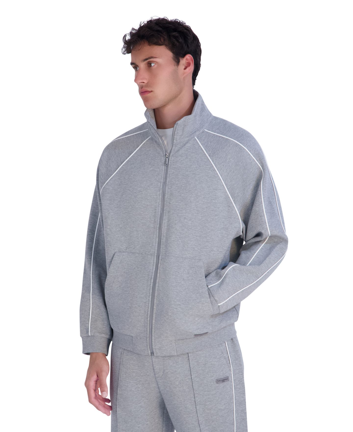 Мужская куртка KARL LAGERFELD PARIS Metal Logo Patch and Piping Detail Ponte Track, цвет: Меланжевый серый — фото 3