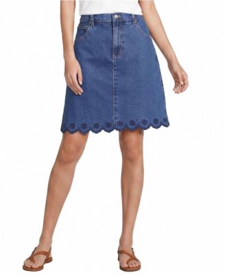 Women's Soft Denim 5 Pocket Above the Knee Skirt with Embroidered Hem