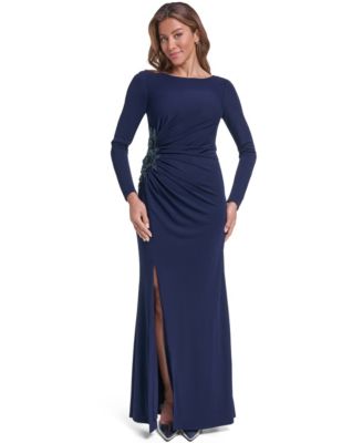 Women's Side Ruched Sleeve Gown Long Sleeve Sequin